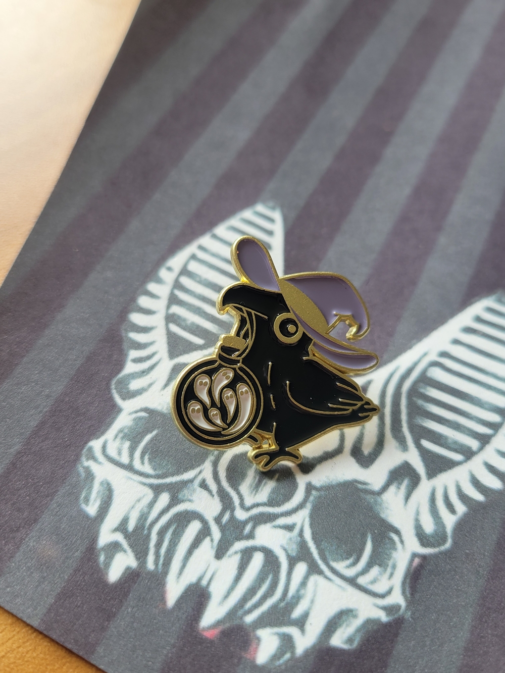 💀NEW💀Black Crow Enamel Pin with Lavender Witch Hat